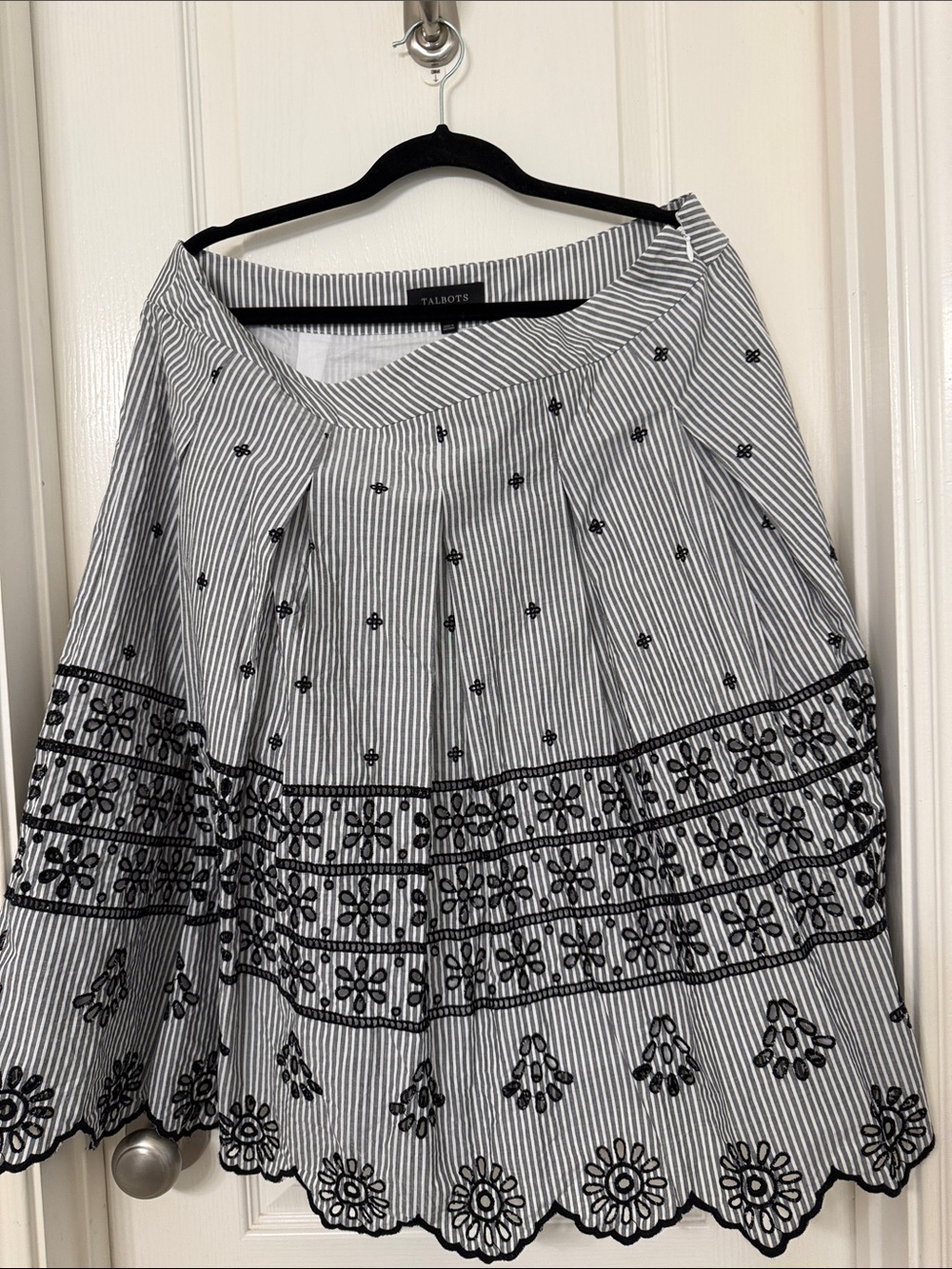 Talbots Black & White Striped A-Line Skirt with Floral Embroidery